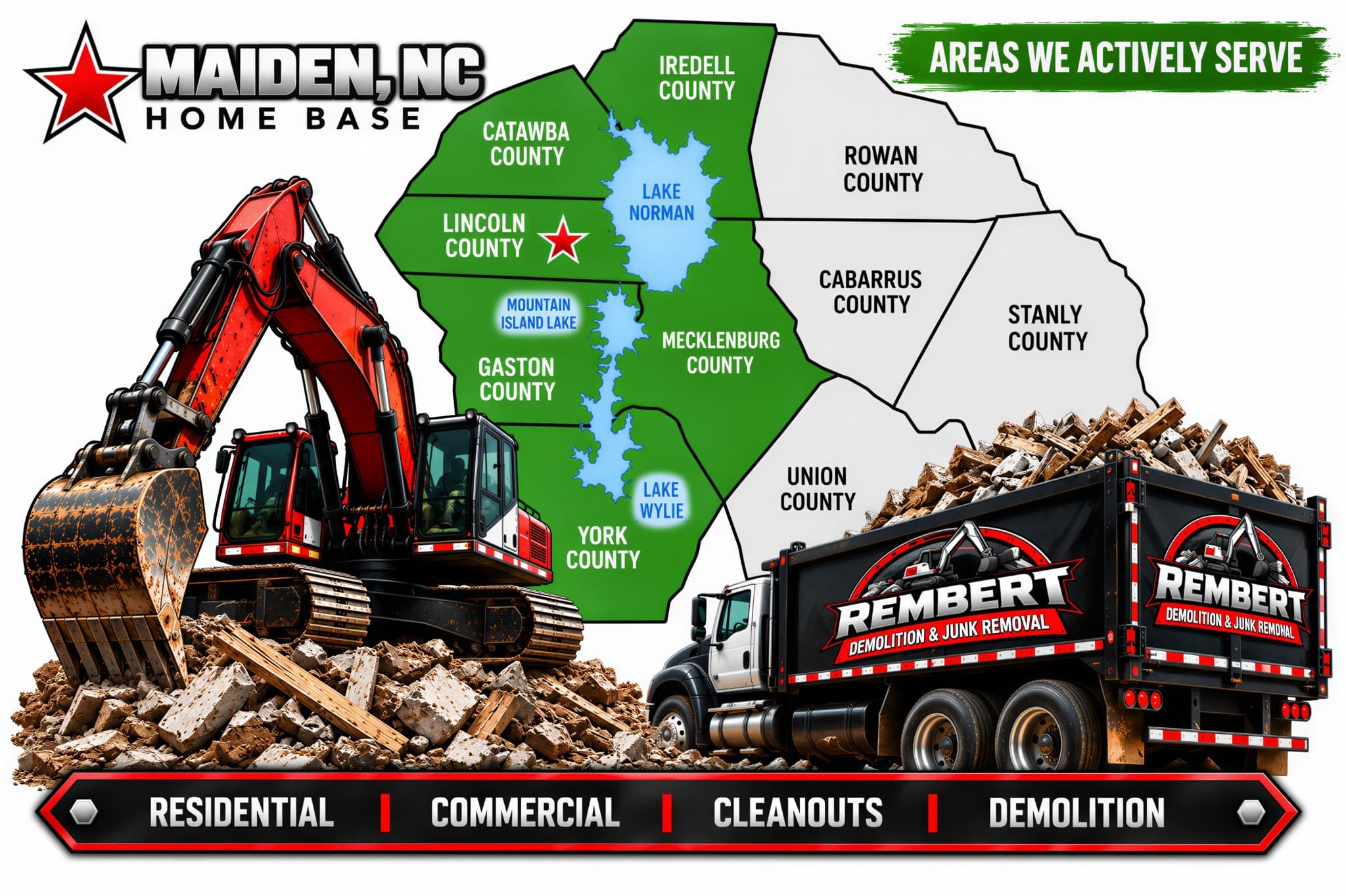 Rembert Demolition & Junk Removal service area around Maiden, North Carolina and surrounding communities