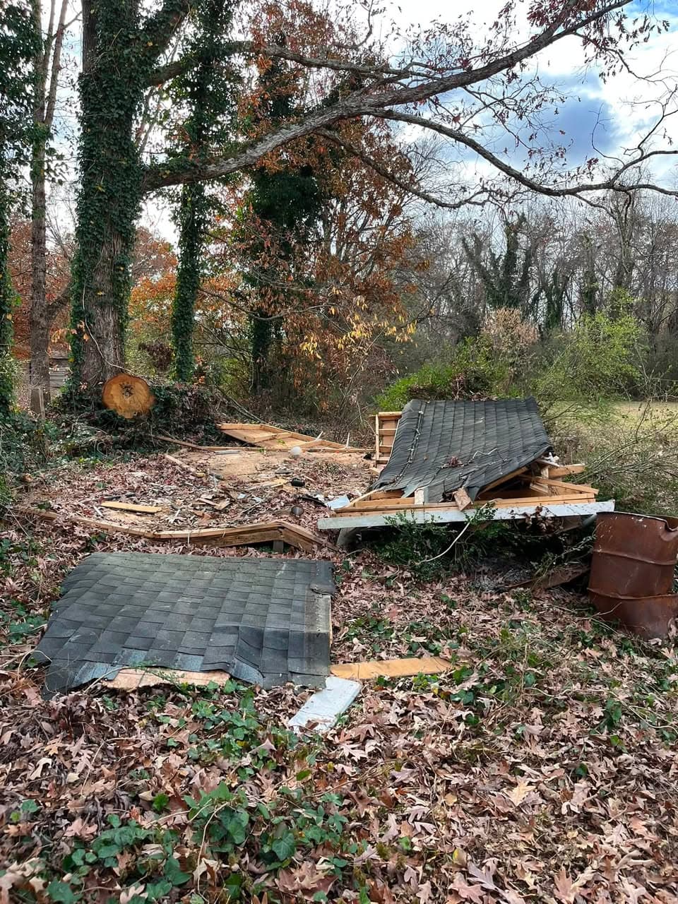 Old Storage Building Removal in Vale, NC — STRUCTURE DOWN — DEBRIS REMOVAL UNDERWAY